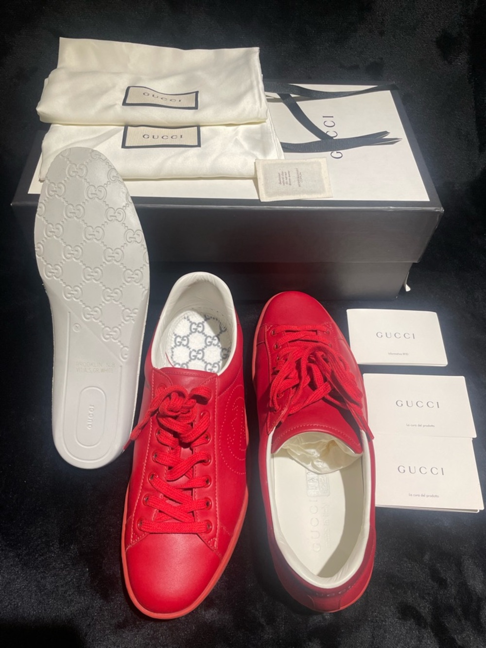 Authentic Gucci Men's Red Leather Low-Top Sneakers with White Insoles